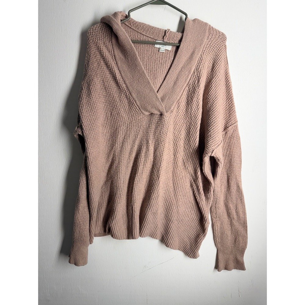 Aerie Waffle Knit Hoodie Sweater XS Oversized V-Neck Pullover Dusty Rose Pink